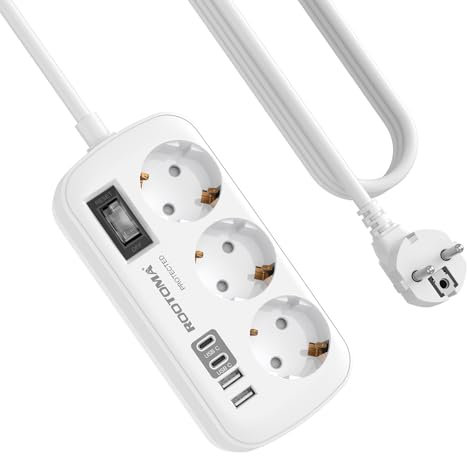 3 Fach Steckdose mit Überspannungsschutz Mehrfachsteckdose 4 USB(2 USB-C), Steckdose mit Schalter und 1,5M Kabel Steckdosenleiste Wandmontage für Heim Büro, Weiß
