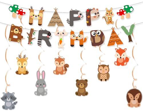 CharmeFleur Wald Tier Geburtstags Banner, 8 Stück Wald Baby Shower Hängeschwirle Dekorationen, Wald Tier Schwirle Decken Girlanden Dekor und Geburtstags Banner