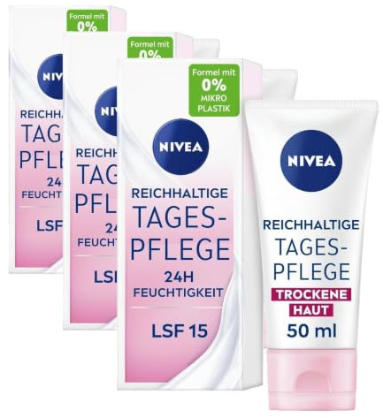 NIVEA Reichhaltige Tagespflege 24h Feuchtigkeit (50 ml), Gesichtscreme für trockene Haut mit LSF 15, feuchtigkeitsspendende Tagescreme mit natürlichem Mandelöl (Packung mit 3)