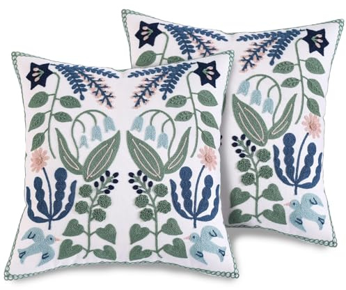 Vexilon 2PCS Embroidered Cushion Covers 45x45cm, Decorative Leaf Swallow Pattern Throw Pillow Covers with Zipper, Soft Pillowcase for Couch Bedroom Aesthetic Soft Cotton Decorative Throw Pillow Cases