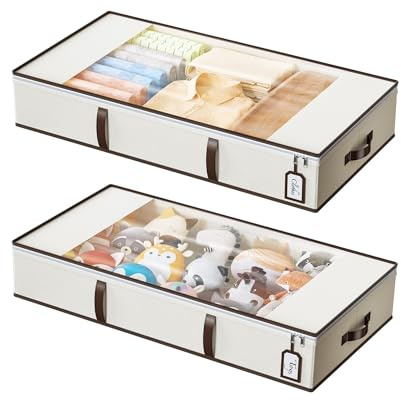 LAMU 2 Stück Unterbettkommode, Unterbett Aufbewahrungsboxen, 24L faltbare Unterbett Storage Taschen mit Sichtfenster & 3 PU-Leder-Griffen für Kleidung, Decken, Bettdecke, beige