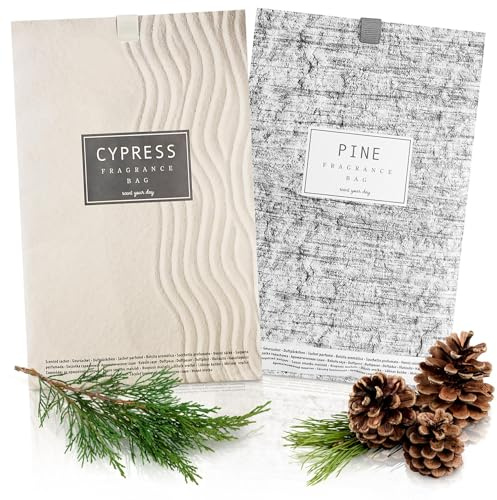 GEEZY Scented Sachets for Wardrobes and Drawers, 6 Each Pine and Cypress Fragrances - Also for Bedroom Bathroom Cupboard Car Suitcase - Long Lasting Wardrobe Fresheners Hanging Scent Bags (Set of 12)