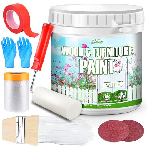 Wood Furniture Paint - 500g White Wood Paint for Furniture, Cabinet, Door, Dining Table and Chairs, Water-Based Matte Finish, Non-Toxic＆Low Odor, Fast Drying, Interior/Exterior Maintain with Tools