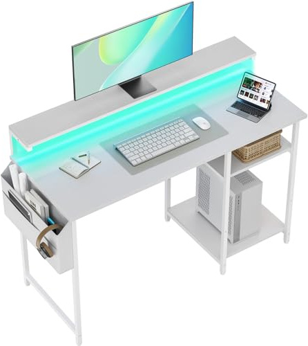SOLAVERO LED Escritorio 120 x 48 cm, Mesa Escritorio Pequeña con Soporte de Monitor, Mesa Ordenador con Bolsa de Almacenaje, Estante Ajustables, para Oficina en Casa, Estudio y Juegos, Blanco