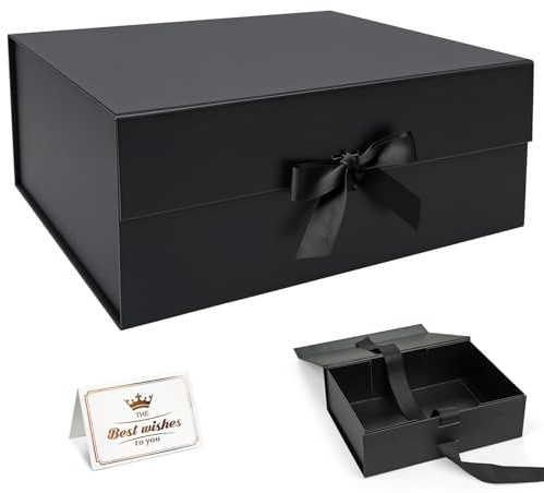 Samlior Geschenkbox 33x25x12,5cm, Geschenkkarton mit Magnetisch Deckel und Schleife Grußkarten, Geschenkboxen für Geburtstag Hochzeit Jubiläum Weihnachten-Schwarz