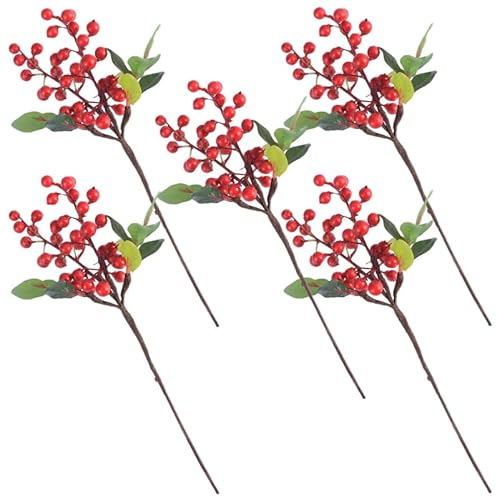 GOOHOCHY 5 Piezas Tallos De Bayas Artificiales De Acebo para DecoracióN De Navidad Ramas Rojas Realistas para Adornos De ÁRbol DecoracióN De Hogar Fiesta Boda