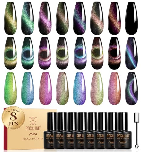 ROSALIND UV-nagellack, kattögon, 8 färger, grön, blå, lila, gel, nagellack, magnetisk, tvåfärgad, gel, nagellack, kattöga med magnet, blötläggning, minigel, nagelpolish, kattöga för nagelkonst