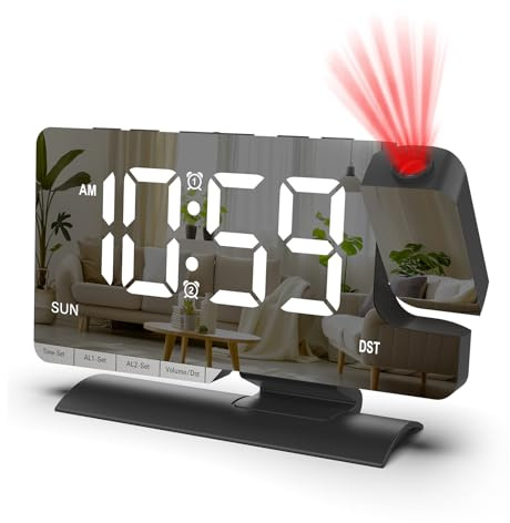 Wecker mit Projektion: 16.8×4.8×10.3cm Projektionswecker mit Dual-Alarm, Wecker Digital 180° drehbarem Projektor, 7.3 Spiegeluhr mit Sommerzeit, 6 Helligkeitsstufen, 5 Lautstärkestufen(Schwarz)