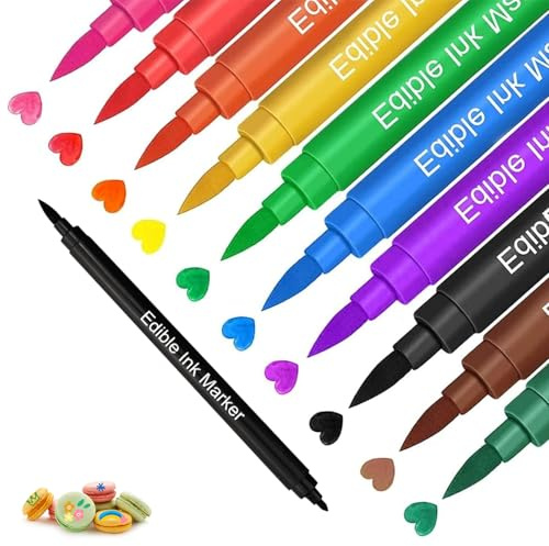 Lot de 10 Stylos Alimentaires à Double Pointe – Feutres Comestibles Professionnels pour Décoration de Gâteaux, Macarons et Pâte à Sucre – 10 Couleurs Vives