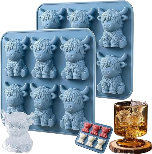 2 stycken Highland Cow iskubsform silikon, 6 hål mini isbitar form rolig höglandskott isbitar, rolig djurisform för whisky cocktail bourbon, gåva till vänner fest