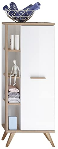 Pelipal Badezimmerschrank Quickset 923 in Weiß Glanz/Riviera Eiche quer Nachbildung, 50,5 cm breit | Halbhoher Midischrank mit 1 Tür, seitlichen Ablagefächern und 3 Glas-Einlegeböden