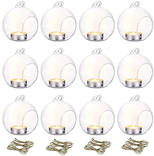 NUPTIO 12 Stücke 8cm Hängen Glaskugel Teelicht Kerzenhalter Hause Hochzeit Mittelstücke Decor Garten Deko Indoor & Outdoor Teelicht Kerzenhalter, Kerzenständer Glas Halloween Weihnachten Deko