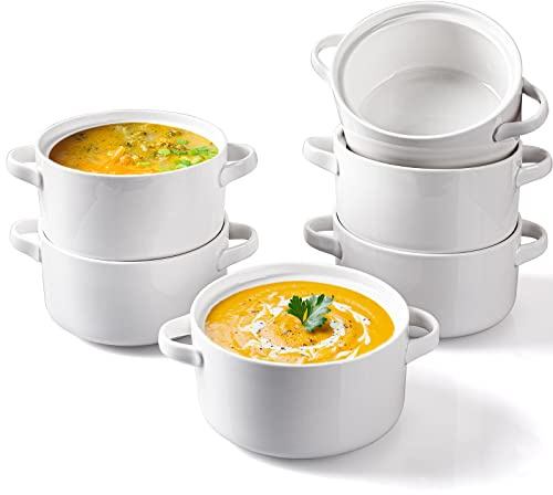 DELLING Soup Bowls with Handles Set of 6, 24 Oz Ceramic French Onion Soup Crocks Oven Safe - Large Soup Mugs for Chili Stew Cereal, Microwave Dishwasher Safe, White