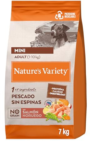 Nature's Variety No Grain Pienso para Perros Adultos con Mini con Salmón Noruego - 7kg, El embalaje puede variar (cambio de diseño)