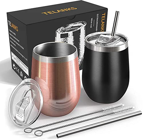 TELANKS Wein Becher to go,2 Stück Weinglas to go,Edelstahl Weinbecher Isoliert mit Deckel,Sekt Camping Geschenk für Frauen