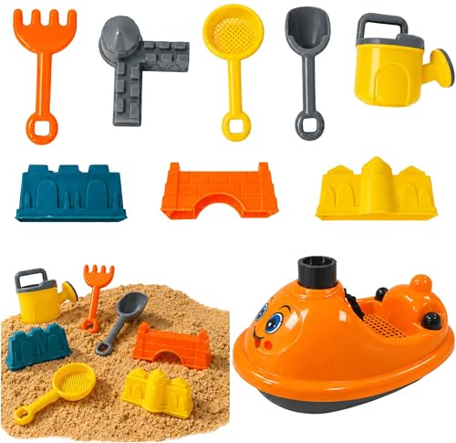 MUNTRADE Barca da Spiaggia per Bambini con 8 Accessori | Giocattolo di Sabbia con Barca, 4 Stampi da Castello, Pala, Rastrello, Colino e Annaffiatoio | Set Infantile per Spiaggia, Giardino e Sabbiera
