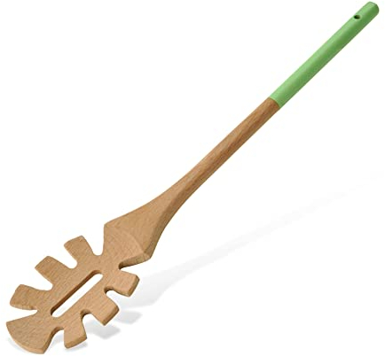 Tasty Wooden Spaghetti Spoon, Spaghetti Server with Green Handle, Noodles Spoon Server for Serving Spaghetti & Pasta, Wooden Kitchen Utensil, Dimensions: 30x5.5cm, Colours: Light Brown & Green