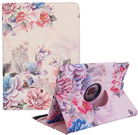 Hülle für iPad 5. / 6. Generation, iPad Air 2, iPad Air. 360 Grad Drehung Schutzhülle Lederhülle Drehbar Ständer Auto Schlaf/Aufwach (Peony Flower)