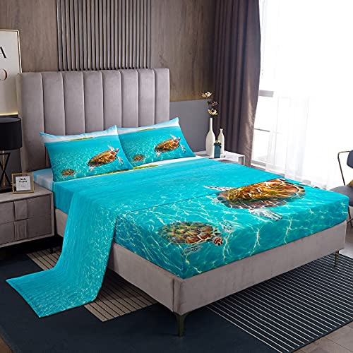 Set di lenzuola blu oceano 3D tartaruga set di biancheria da letto Hawaii Sea Beach lenzuola con angoli 4 pezzi include 1 lenzuolo e 1 lenzuolo piatto con 2 federe morbide king
