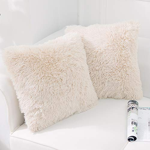 NordECO HOME 2er Set kissenbezüge 60x60 cm Kissen Beige Künstlich Pelz Fellkissen Dekorative Deko Kissen Kuschelkissen Flauschig Sofakissen Weich Plüschkissen für Sofa