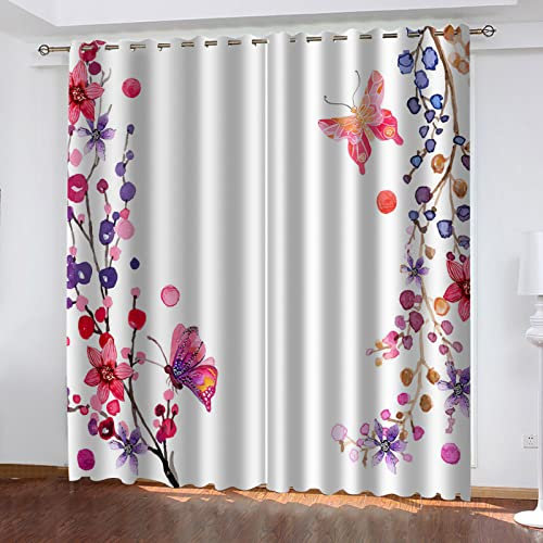 Kinder Gardinen Kinderzimmer Junge Mädchen Blickdicht Schmetterling Blumenmuster 140X160Cm 2Er Set Verdunkelungsvorhang Thermovorhang Hitzeschutz Vorhänge Wohnzimmer Schlafzimmer Vorhänge Mit Ösen