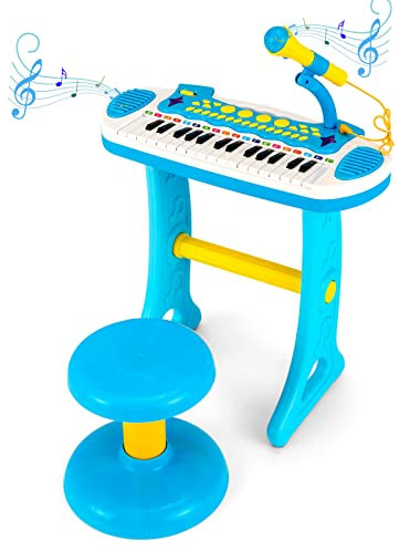 COSTWAY 31-Key Kids Electronic Keyboard with Stool, Microphone, Flashing Lights, Recording & Playback Function, Musical Instrument Toy Piano for Boys Girls (Blue)