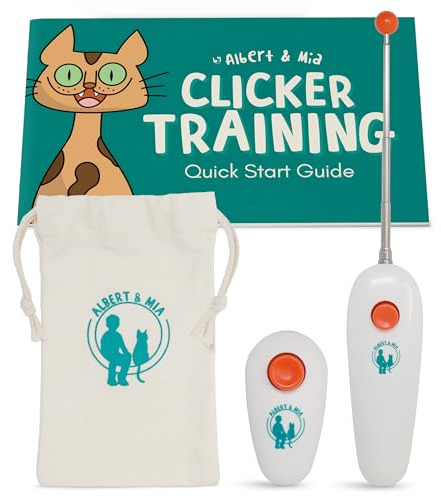 Albert & MIA Katzentrainingsset (4 Stück) – Leiser Clicker + Zielstab-Klicker + Leckerli-Tasche + Katzen-Clicker-Trainings-Startanleitung (Anfänger bis Experte)