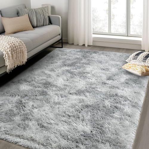 ASIinnsy Hochflor Teppich Wohnzimmer Flauschig Shaggy Weich Modern Grau Teppich Schlafzimmer Kinderzimmer Deko Langflor Teppiche Groß rutschfest Plüsch-Teppiche (Grau Weiß, 120 x 160 cm)