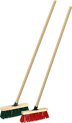 Twin Pack 12 Sweeping Brooms PVC Colour Brush with Wooden Handles (Red & Green)