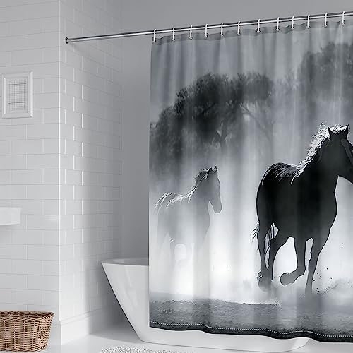 Whoiy Duschrollo Grau, Badvorhang Textil 90X180cm Polyester Bath Curtains Laufendes Pferd Waschbar Wasserdicht