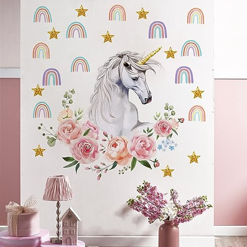Runtoo Wandtattoo Einhorn Pferde Mädchen XXL Wandsticker Regenbogen Blumen Wandaufkleber Kinderzimmer Babyzimmer Wohnzimmer Schlafzimmer Flur Wanddeko