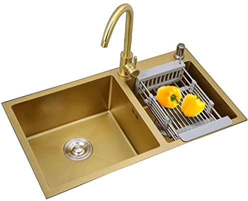 WhfPs Doppelwaschbecken, Küchen-Barspüle, Wet Bar & Vorbereitungsspüle, RV-Spüle aus Edelstahl 304 mit Wasserhahn und Abfluss, Montage Oben oder unten (Farbe: Gold, Größe: 75 x 40 x 22 cm)