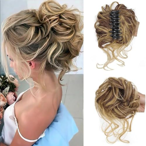 RPAEOY Chignon Capelli con Claw Chignon Finto Capelli Ricci Spessi Updo Ondulati Sintetici Coda di Cavallo Posticcio Hair Extension Ponytail di Cavallo per Donna(Marrone dorato)