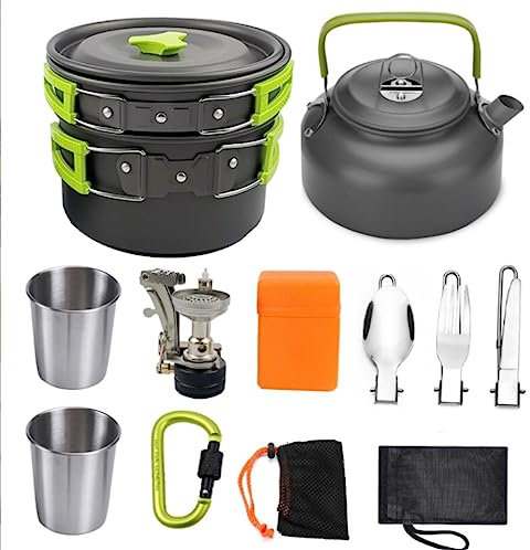 DEEDAV Camping Kochgeschirr Camping Kochen Kochgeschirr Kochgeschirr Outdoor Ultraleichte Antihaft-Töpfe Pfanne Wasserkocher Zusammenklappbar Für Wandern Wandern Trekking (Color : Grün, Size : 11pcs)