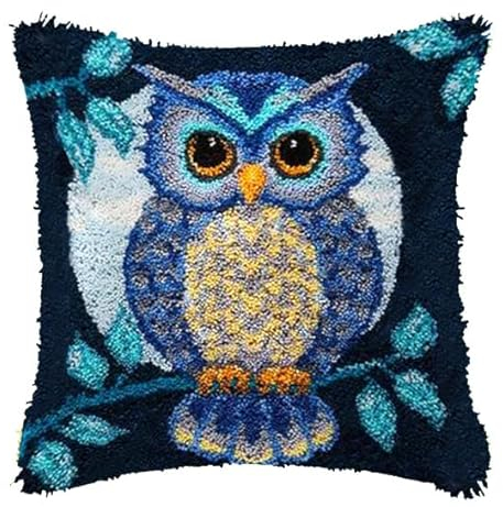 Taxpy DIY Knüpfkissen Zum Selber Knüpfen Set, Knüpfhaken-Set Kissenbezug Knüpfteppiche Set Kissen Knüpfen Latch Hook Kit Für Kinder Und Erwachsene,43x43cm(Süße Eule,H)