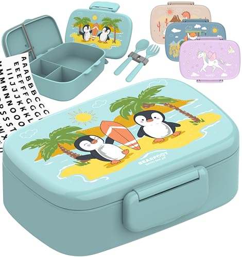 BEARFOOT Brotdose Kinder mit Fächern, BPA frei, Lunchbox, Bento box, Brotbox, Brotdose Mädchen & Jungen, Snackbox, 100% auslaufsicher, Vesperbox für Kindergarten, Schule (Pinguine)