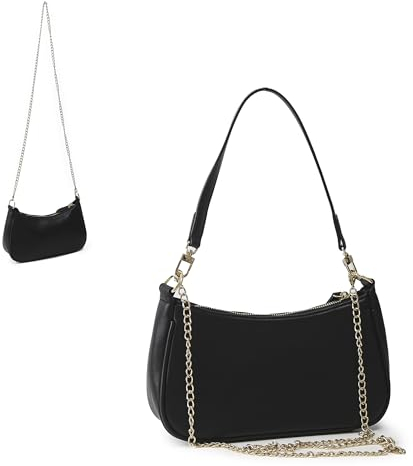 fannos Kleine Handtasche Damen - Handtasche Damen Klein | Abnehmbare Kette und Schulterriemen | PU-Leder, Schwarz, Tägliche Nutzung(26x7x15cm)