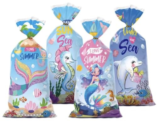 Cellophantüten Zellophan Tüten 50 Pcs Meerjungfrau Kekstüten Süßigkeiten Gebäckbeutel Hochzeit Geschenkbeutel Transparent Taschen mit 60 Stück Twist Ties für Kindergeburtstag Gastgeschenke