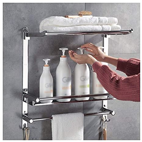 MFQLL Eckregale für die Dusche mit Handtuchhalter und Haken, Aufbewahrungshalter, faltbares Gestell, rostfreier Edelstahl, zur Wandmontage (Größe: 60 cm)