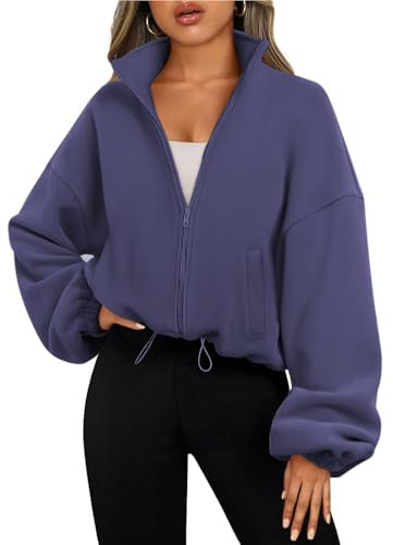 YUTILA Damen Zip-Up Sweatjacke – Langarm Einfarbig Oversize Leicht Sweatshirt Cropped Hoodie Frühling Sommer– Bequeme Übergangsjacke für Sport & Alltag