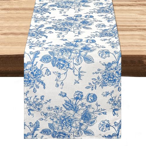 Dremisland Rosa Azul Camino de Mesa Boceto Monocromo Caminos de Mesa con Estampado Botánico 33 X 240 cm Vintage Lino y Algodón Camino de Mesa para Bodas Restaurantes Mesa de Centro