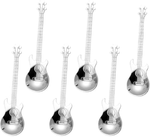 6 Pcs Guitar Coffee Teaspoons Sets, Stainless Steel Musical Spoons, Unique Gifts for Coffee Lovers, Guitar Coffee Spoons for Stirring, Dessert and Ice Cream, Fun Kitchen Accessory-Sliver