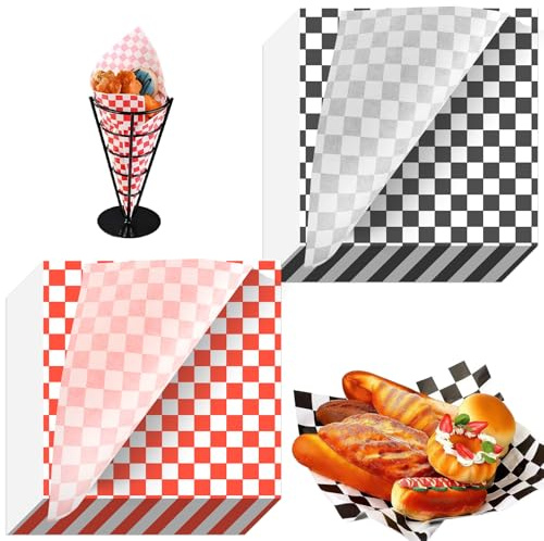 100Pcs Greaseproof Paper Sheets, Food Grade Wrapping Paper with Checkered, Burger Paper Sheets Checkered Basket Liners, Waterproof Wax Wrapping Paper Oil-Proof Baking Paper for BBQ(18x18 cm)