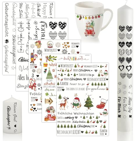 Kerzentattoos Weihnachten, 5 Stück Kerzen Tattoo Weihnachten, Weihnachtsaufkleber Wassertransferdruck Folie DIY Kerzensticker Tattoo Folie, Kerzen Dekorieren, Kerzensprüche (3 Farben, 2 Schwarz)
