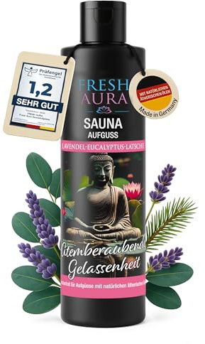 FRESH AURA Saunaaufguss Lavendel, Eukalyptus, Latsche (250ml) – Sauna Aufgussmittel mit natürlichen ätherischen Ölen – Sehr ergiebiger und langanhaltender Saunaduft | Made in Germany