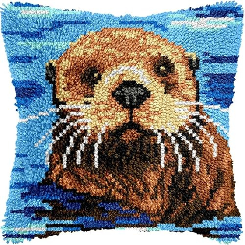 DIY Latch Hook Pillow Kits Supplies for Adults Sea Otter Pillow Cover Printed Pillowcase Crochet Yarns Latch Hooking Cushion Making for Home Sofa Decoration 17x17inch(c59)
