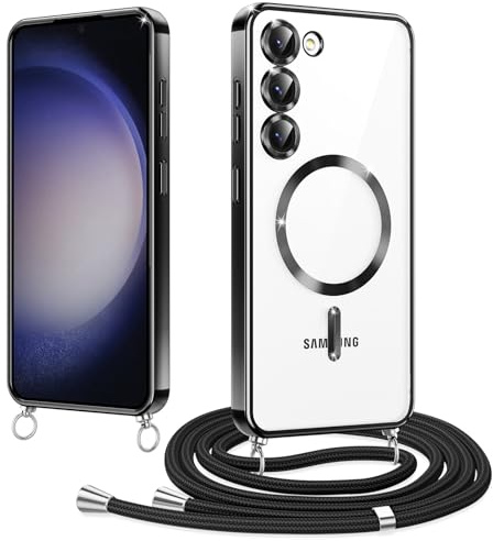Woijrly Magnetische Handyband mit Band für Samsung Galaxy S23 Hülle, [Kompatibel mit Magsafe] Handyhülle Case mit justierbarer Schnur Abnehmbar Strap, Crossbody Schutzhülle zum Umhängen, Schwarz