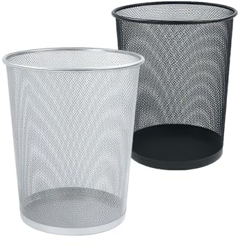 CABLEPELADO Papelera Malla Metalica 12 litros - 21.5 x 27 cm - Papelera Escritorio de Metal - Malla Metal - Fondo Plano - Papelera Habitación - Ventilada (Pack 2 Gris y Negro)