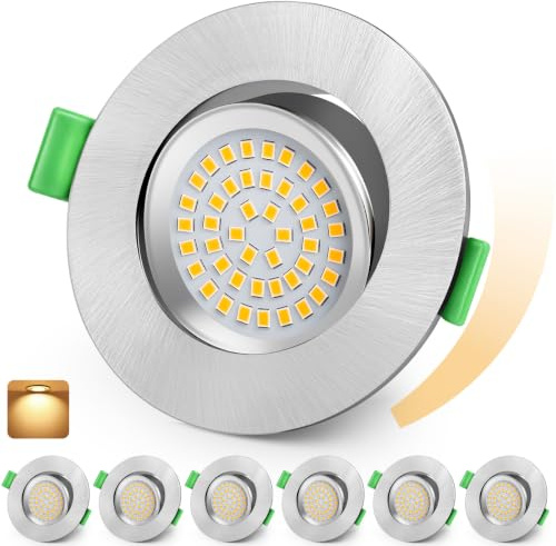 KYOTECH LED Einbaustrahler 230V Dimmbar 68-80mm IP44 Schwenkbar 6er Set | Nickel Ultra Flach LED Spots, 5W Bad Einbauleuchten Deckenspots, Warmweiß 2700K Einbauspots für Badezimmer Wohnzimmer
