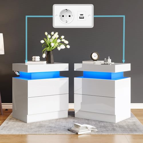 LUXOAK 2er Set Nachttisch 58x40x35 cm, LED, Ladestation, 2 Schubladen, Weiß | RGB LED mit App-Steuerung, 3-in-1 Ladestation, Hochglanz-Oberfläche, Große Stauraumkapazität, Vielseitig einsetzbar